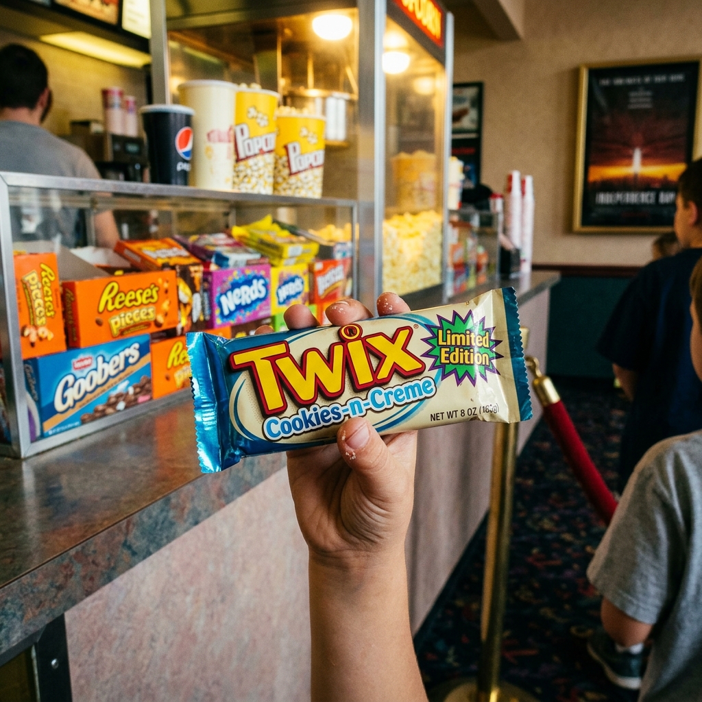 A Cookies-n-Creme Twix in a hand at a 1990s movie theater concession stand
