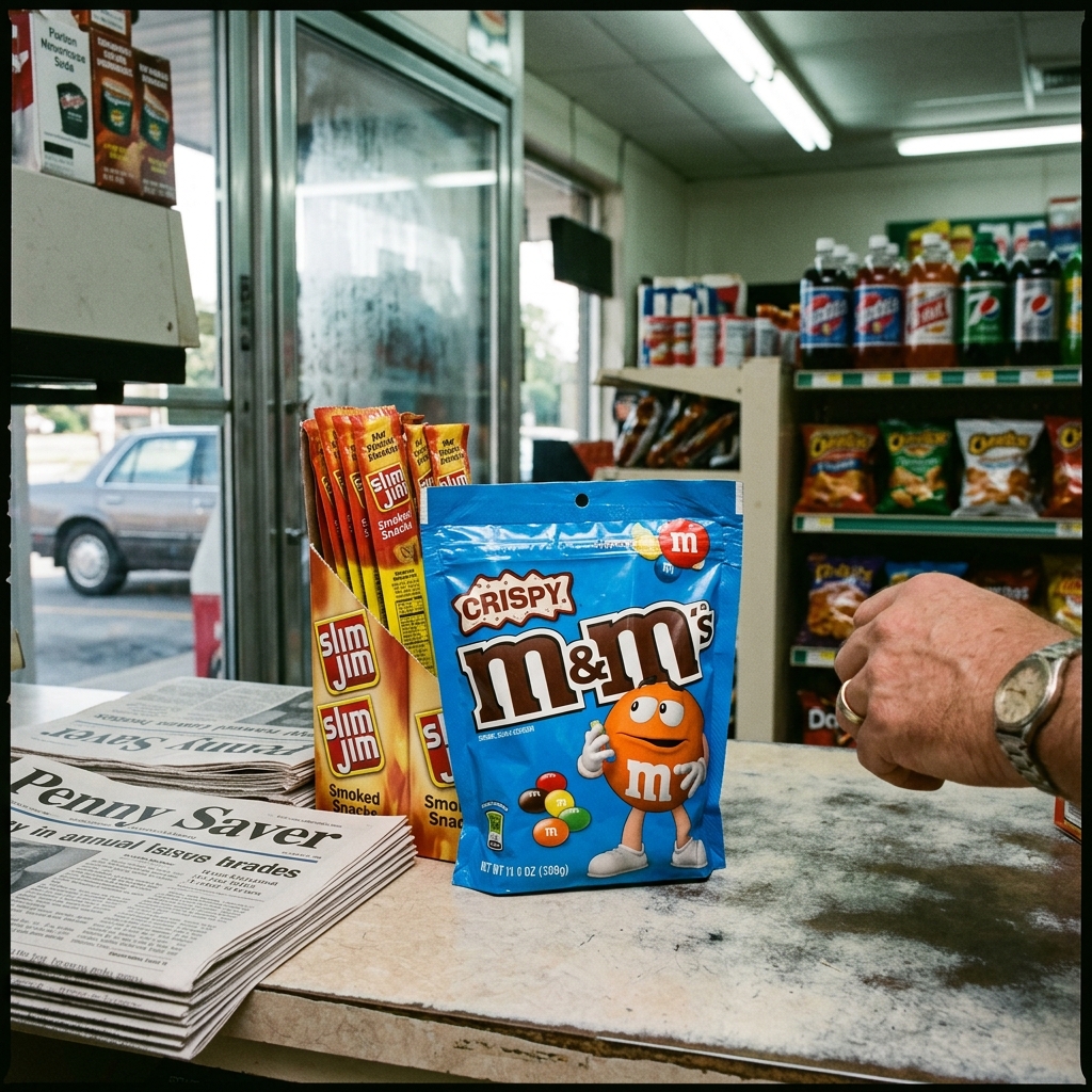 A bag of original Crispy M&Ms on a 90s convenience store counter