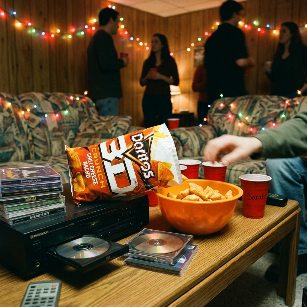 Doritos 3D spilled into a snack bowl at a 90s basement party