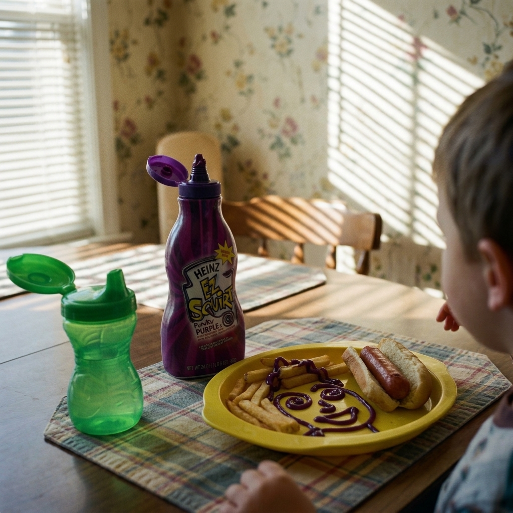 A bottle of green-tinted Heinz EZ Squirt ketchup