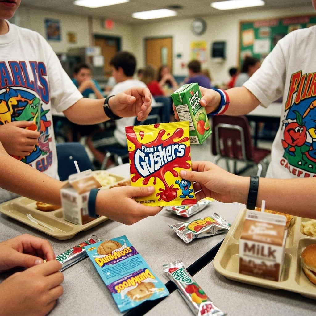 A 90s Fruit Gushers pouch being traded across two cafeteria lunch trays