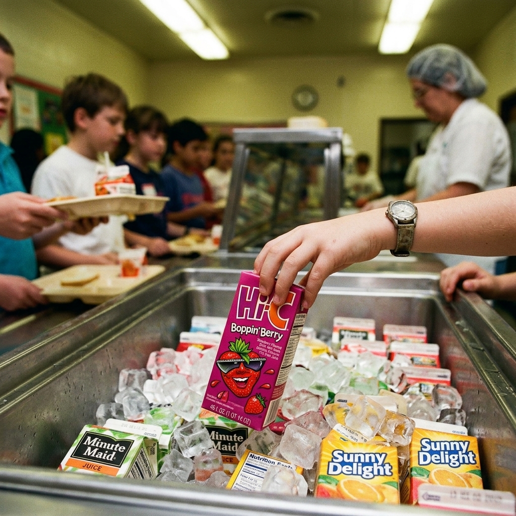 A Hi-C Boppin' Berry juice box at a school cafeteria drink cooler