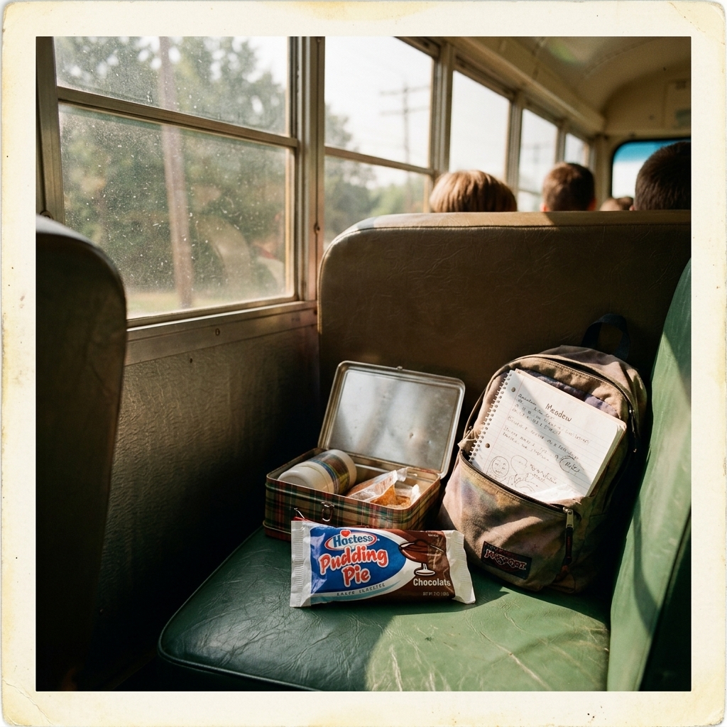 A Hostess Pudding Pie on a school bus seat