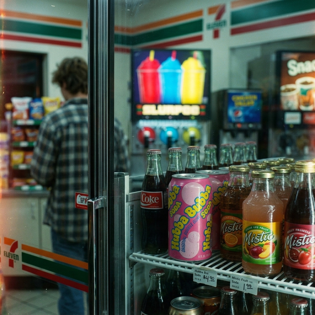 A bottle of Hubba Bubba Soda in a 7-Eleven cold case at night