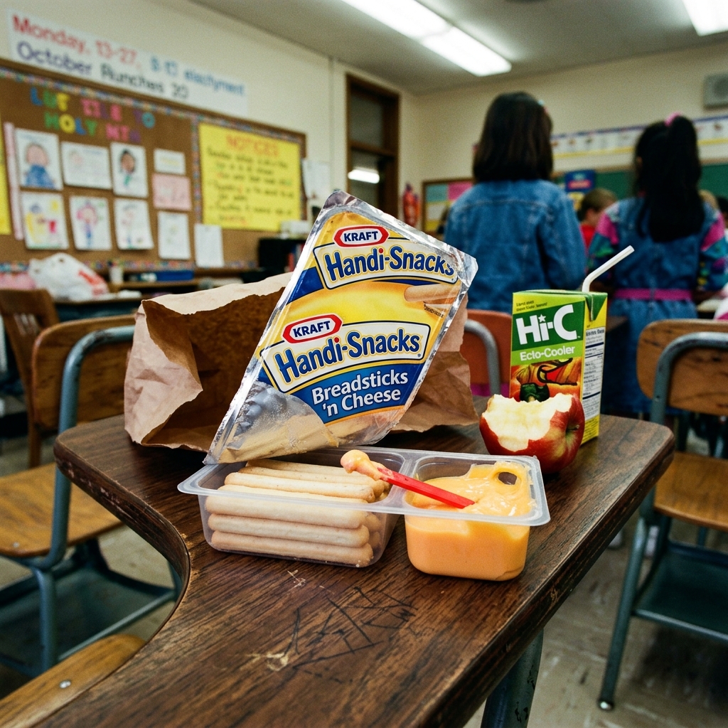 A Kraft Handi-Snacks Breadsticks 'n Cheese tray on a 90s classroom desk