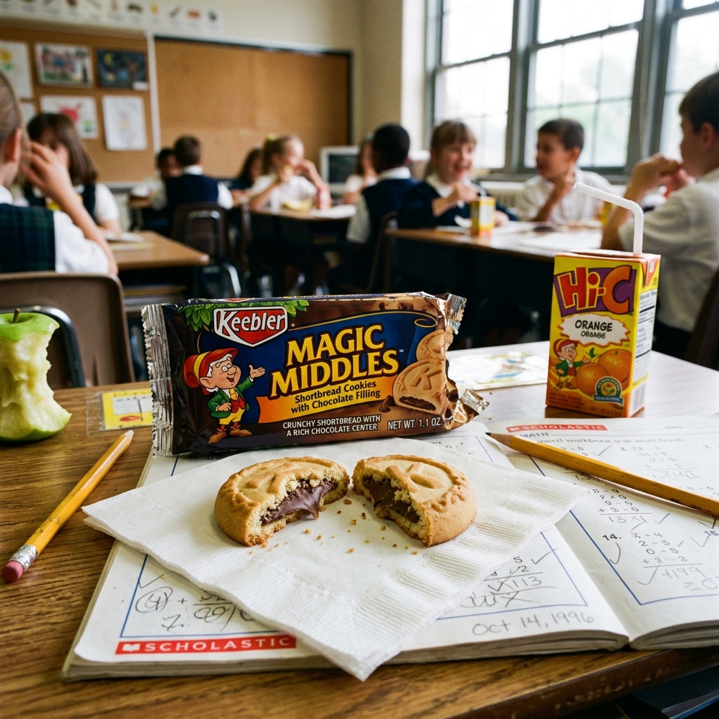 A Keebler Magic Middles cookie on a napkin at a 90s classroom desk