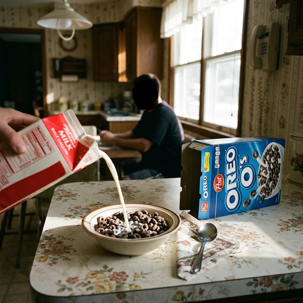 A bowl of Oreo O's cereal with milk on a 90s kitchen counter