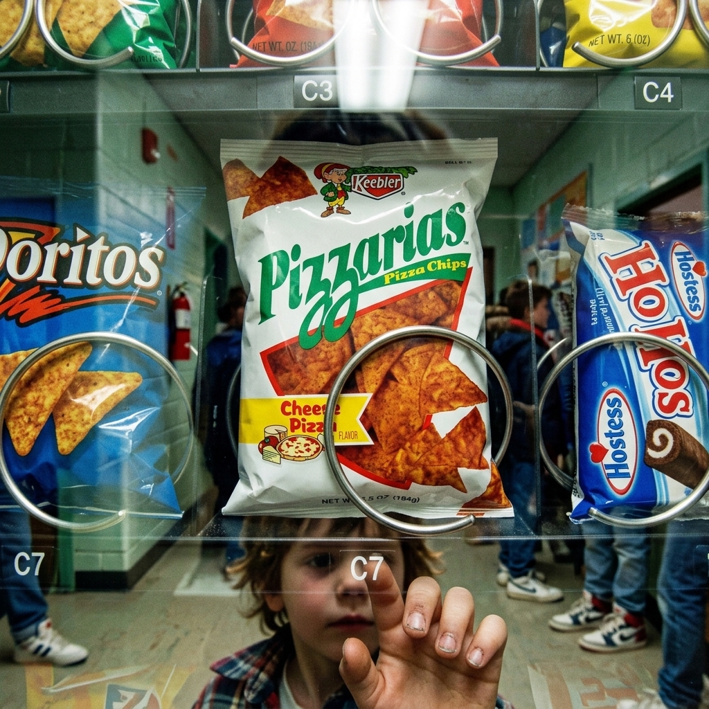 A bag of Keebler Pizzarias pizza chips in a school vending machine