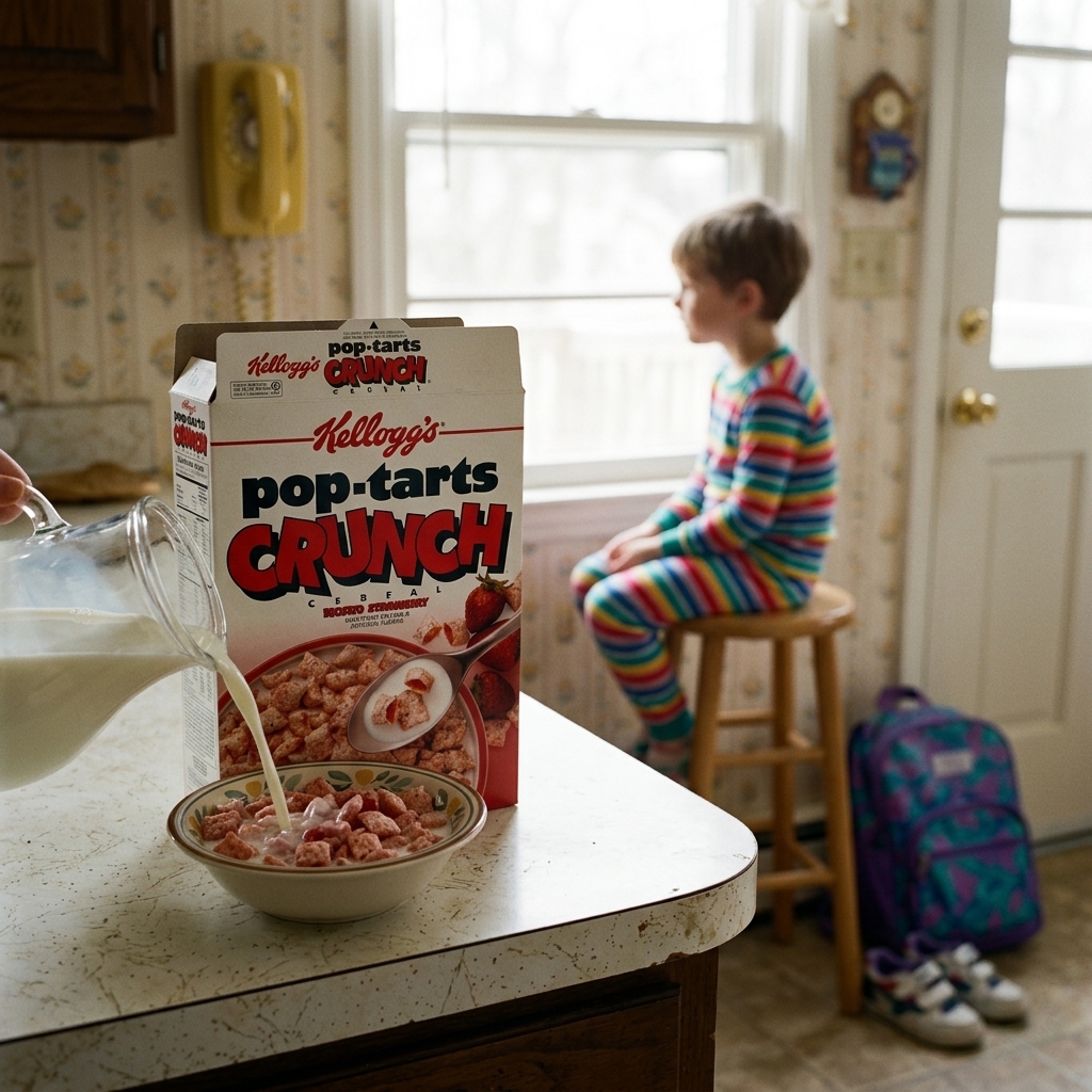 A box of Pop-Tarts Crunch cereal on a 90s kitchen island