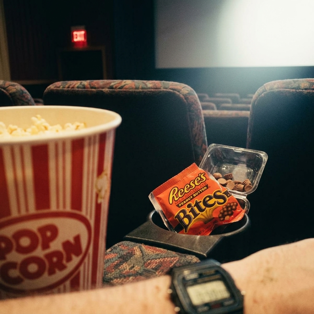 Reese's Bites in a movie theater armrest cupholder
