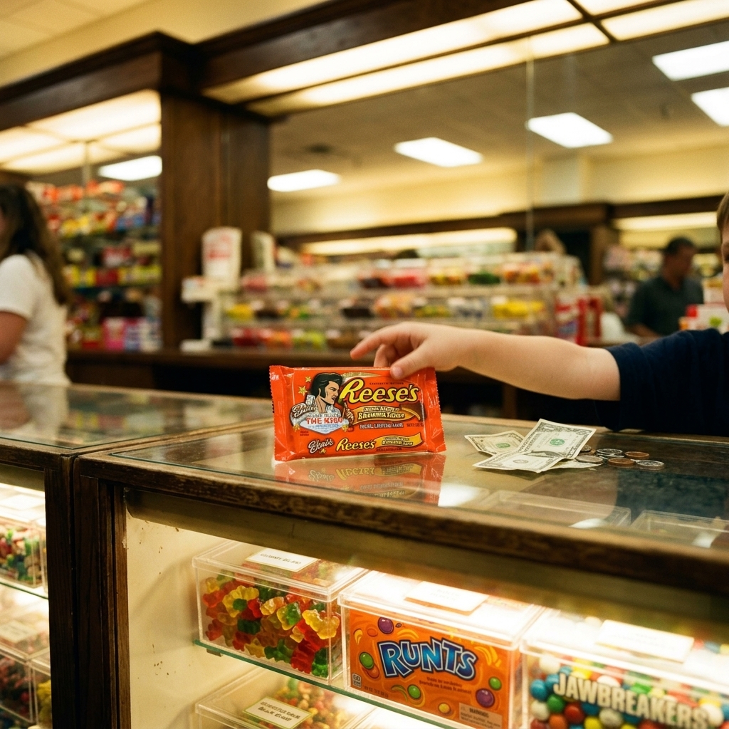 A Reese's Elvis banana-cream peanut butter cup on a 90s mall candy shop counter