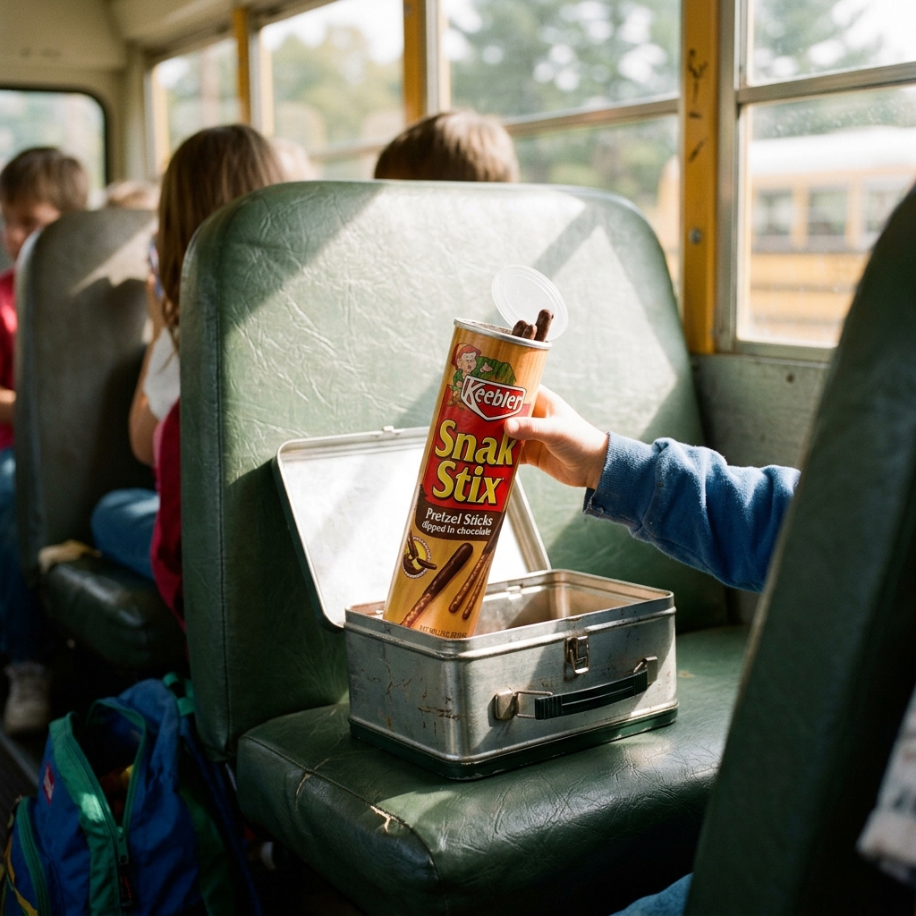 A Keebler Snak Stix tube being pulled from a metal lunchbox on a school bus seat