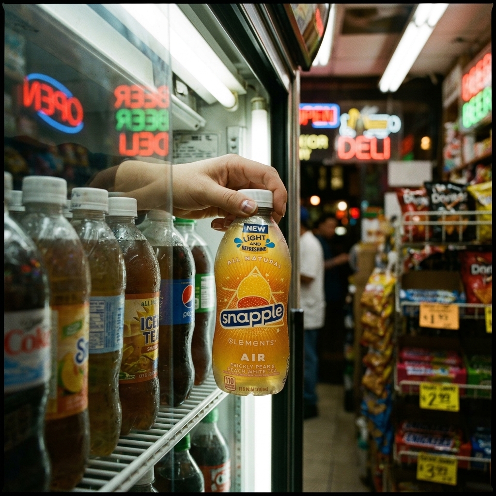A Snapple Elements bottle in a New York-style bodega cooler at night