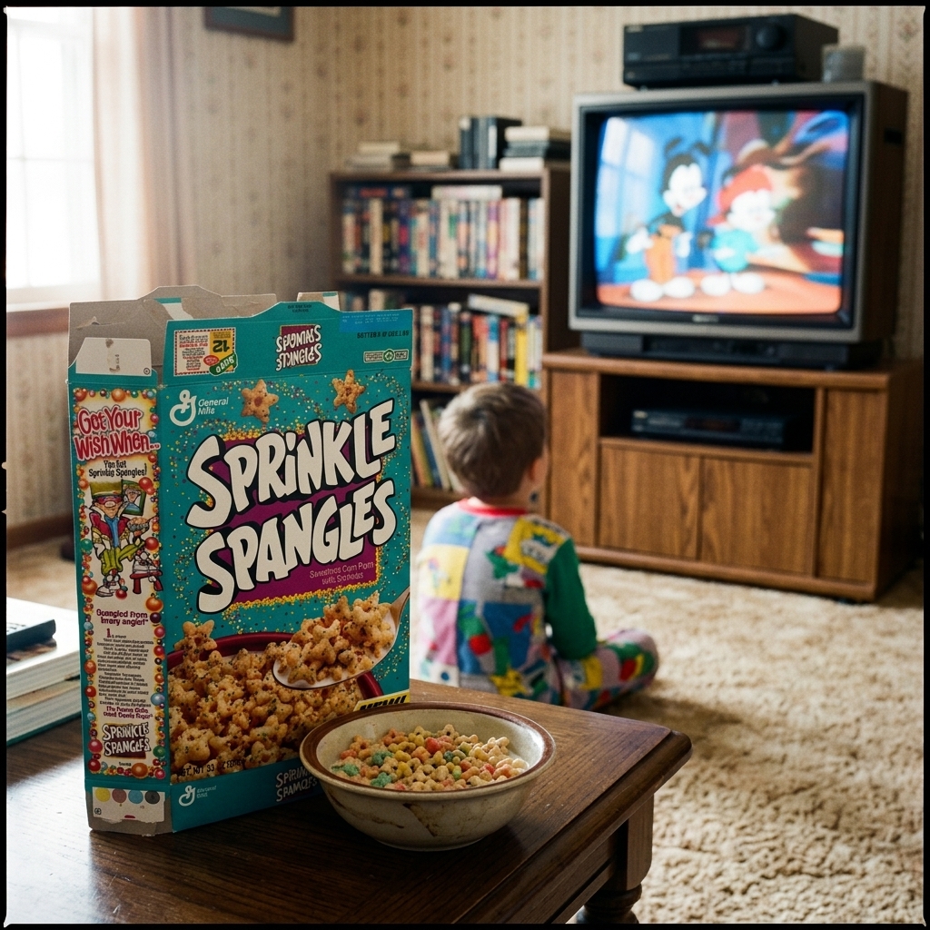 A bowl of Sprinkle Spangles cereal on a 90s living room coffee table