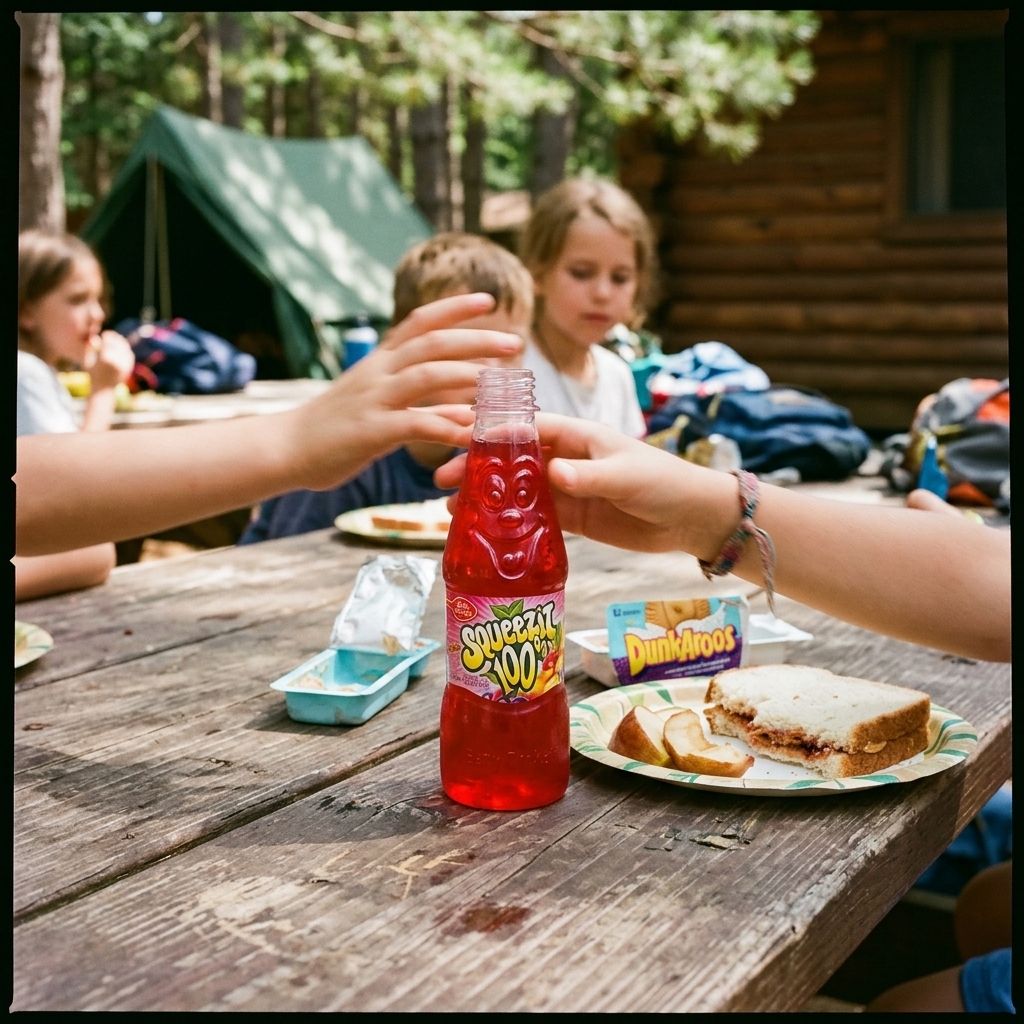A Squeezit bottle on a summer-camp picnic table