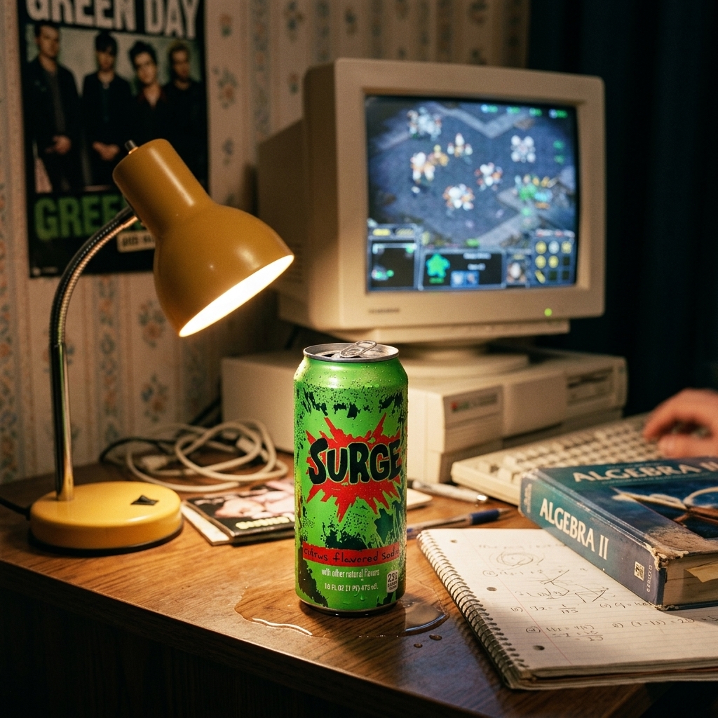 A bright green can of Surge