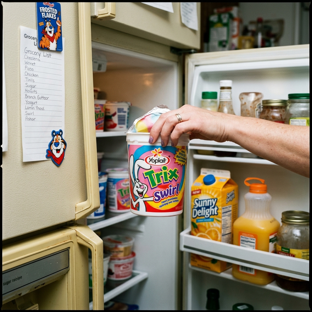 A Trix multi-color swirl yogurt cup in a 90s refrigerator door