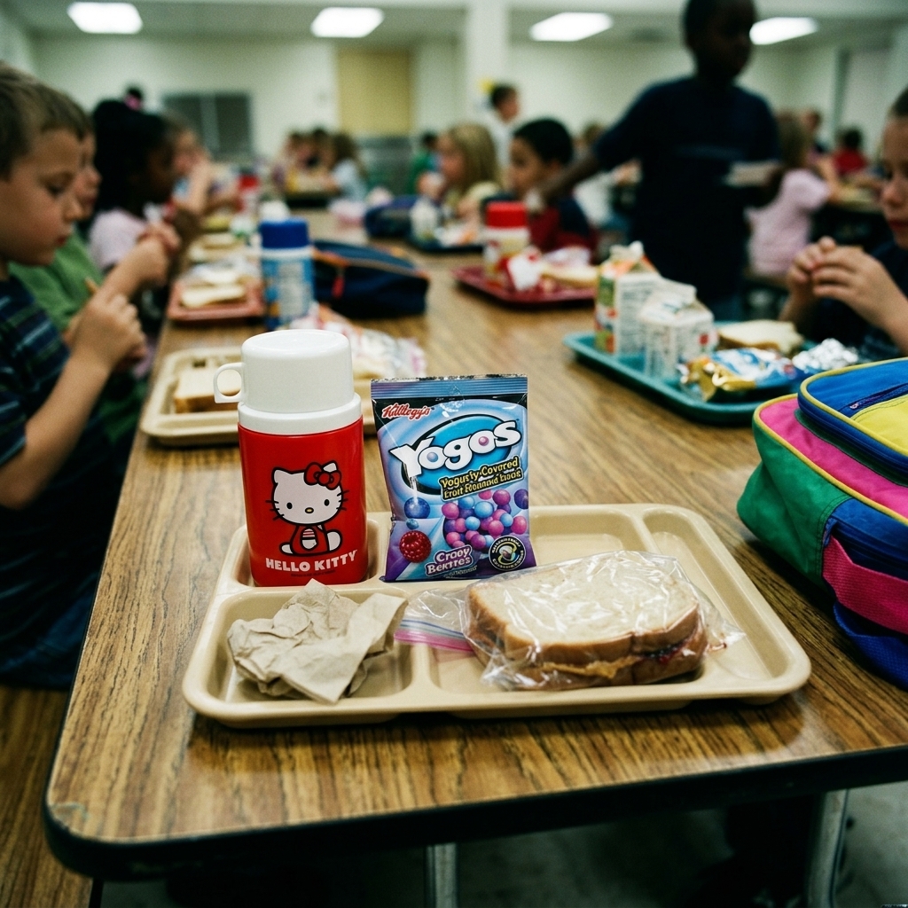 A pouch of Yogos in a packed elementary-school lunchbox tray